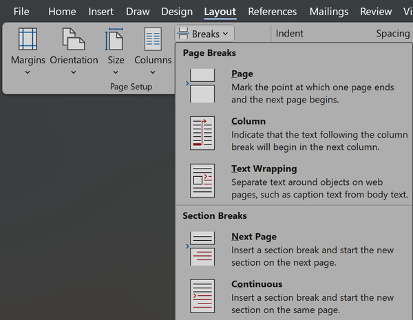 Microsoft Word 的布局菜单